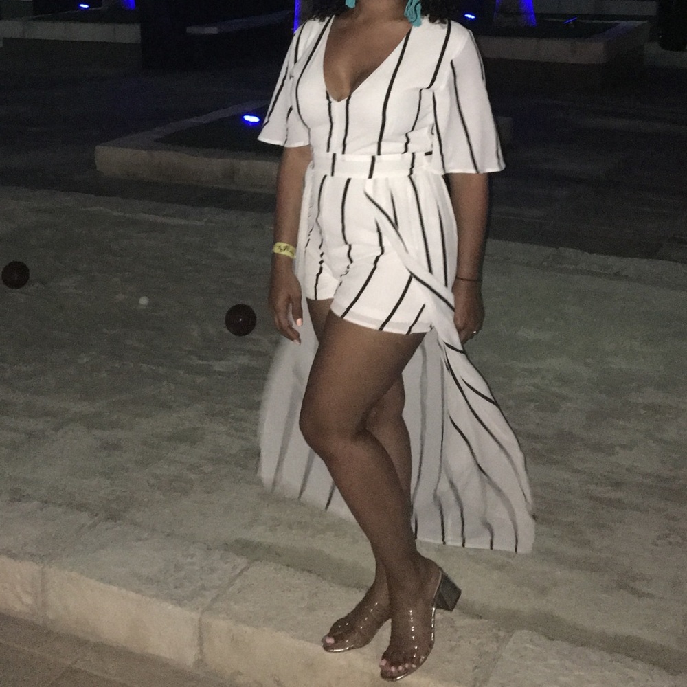 White and Black Striped Short Romper